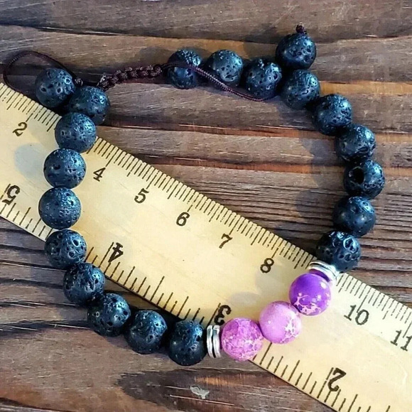 Handcrafted Chakra Bracelet Purple Aqua Terra Jasper Black Lava - Picture 7 of 8